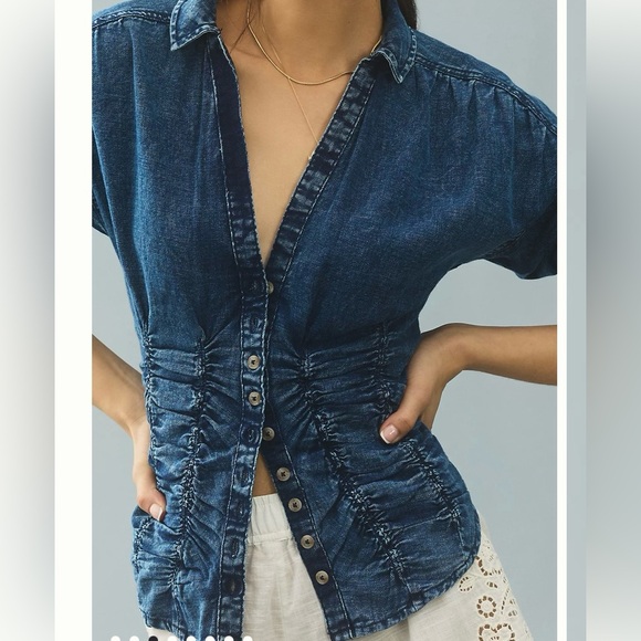 Anthropologie Pilcro Shirt Size L Women’s Blue Chambray Denim V-Neck Ruched - Picture 1 of 9